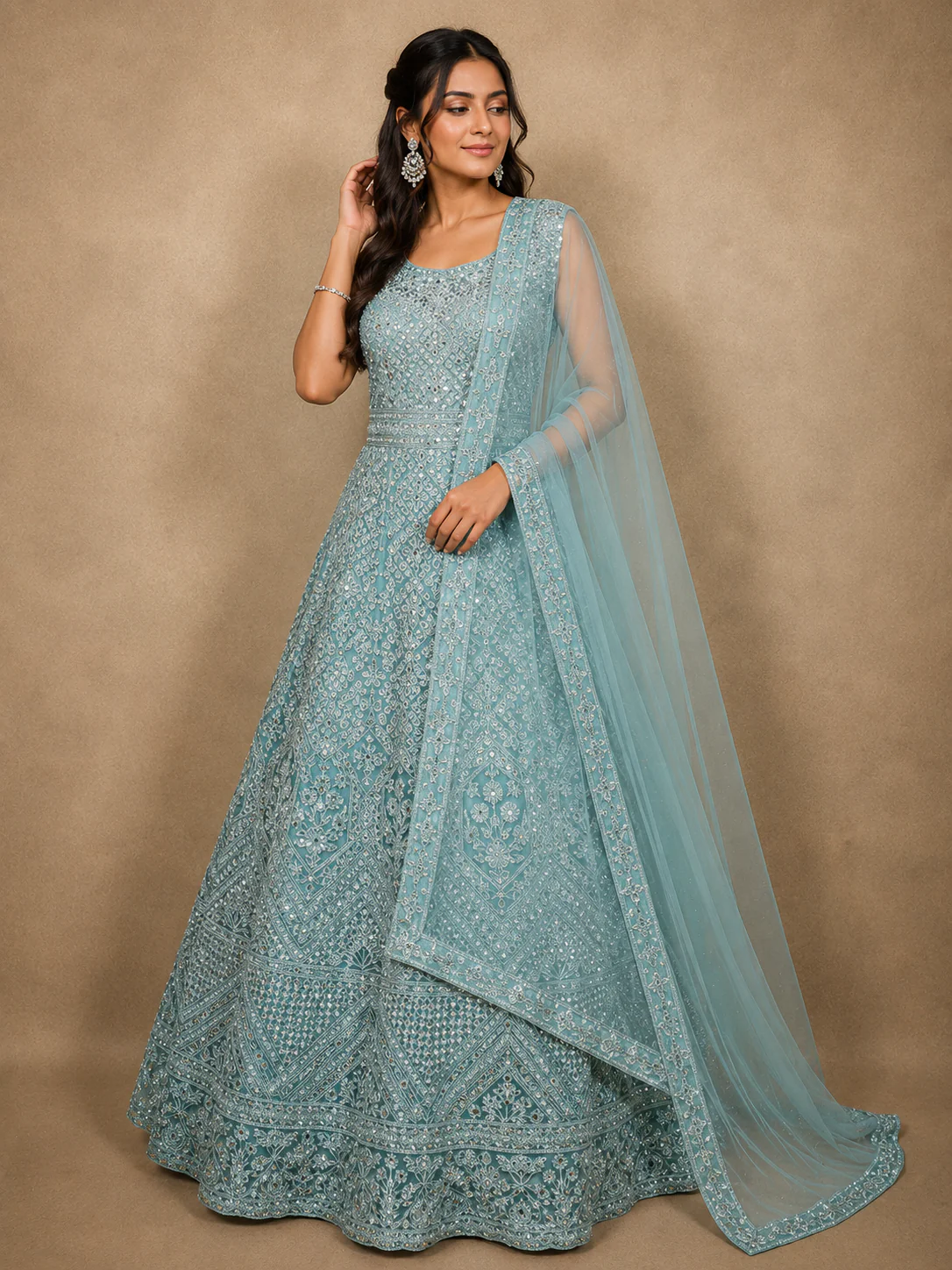 Soft Pastel Aqua Blue Floral Thread and Mirror Embroidered Design Net Anarkali Gown with Dupatta